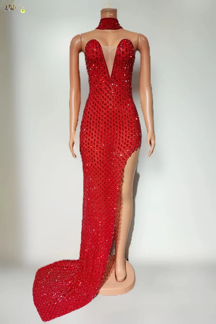 Nightclub Bar Performance Costume Low Cut Tight Fitting Sexy Deep V Full Diamond Side Slit Floor Length Skirt