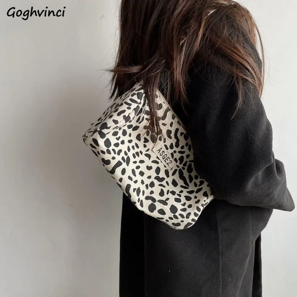 Harajuku Leopard Shoulder Bags Women Student Retro All-match Zipper Soft Canvas Handbags Large Capacity Lazy Ins Underarm Bag