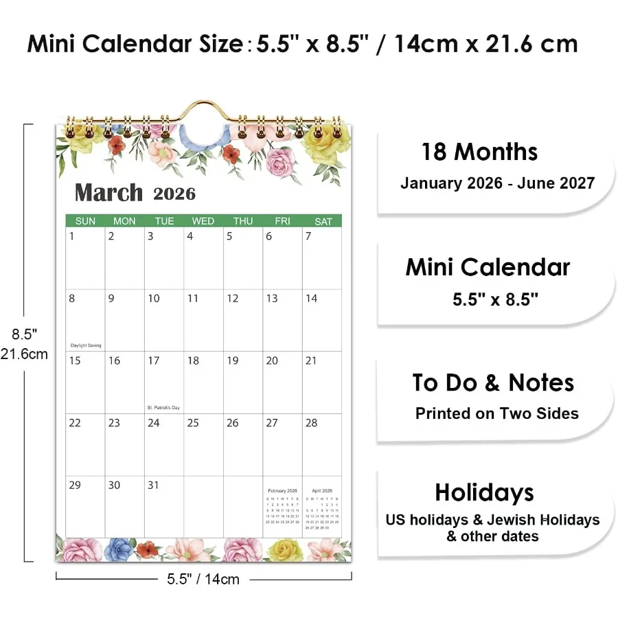 تقويم صغير 2026-2027 تقويم حائط صغير لمدة 18 شهرًا من يناير 2026 إلى يونيو 2027 5.5 بوصة × 8.5 بوصة 2026 تقويم صغير للمكتب