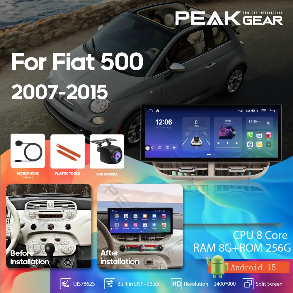 For Fiat 500 2007-2015 GPS 12.3inch Android15 Car multimedia Video player navigation wireless Android auto Carplay 4G wifi 360