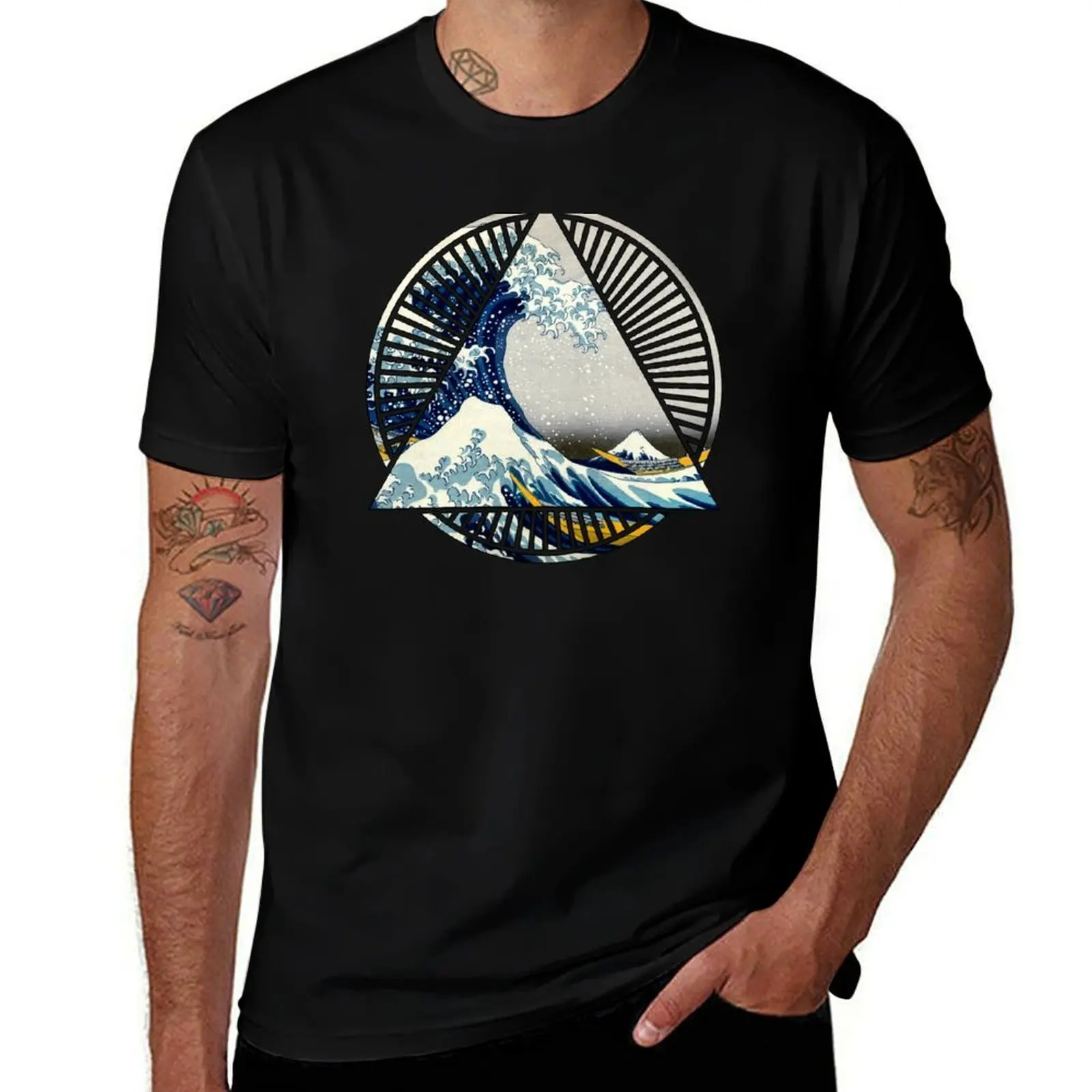 Vintage Hokusai Mount Fuji Great Tsunami Wave Japanese Geometric Manga Shirt T-Shirt Quick Dry Training Short Sleeve Tee T-Shirt