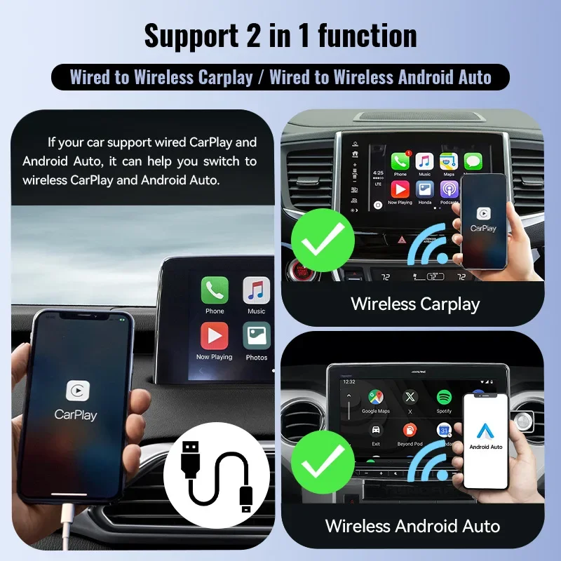 2 in 1 CarPlay Android Auto Wireless Adapter Mini Carplay&Auto Box Dongle Plug & Play 5G WiFi BT for Factory Wired Carplay Cars