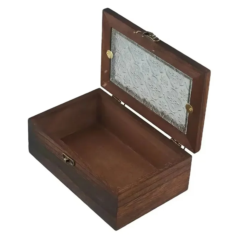 

Vintage Glass Storage Box, Solid Wood Cabinet, Desktop Organizer, Makeup Table Decor,Wooden Retro Sundries Storage Box-B51B