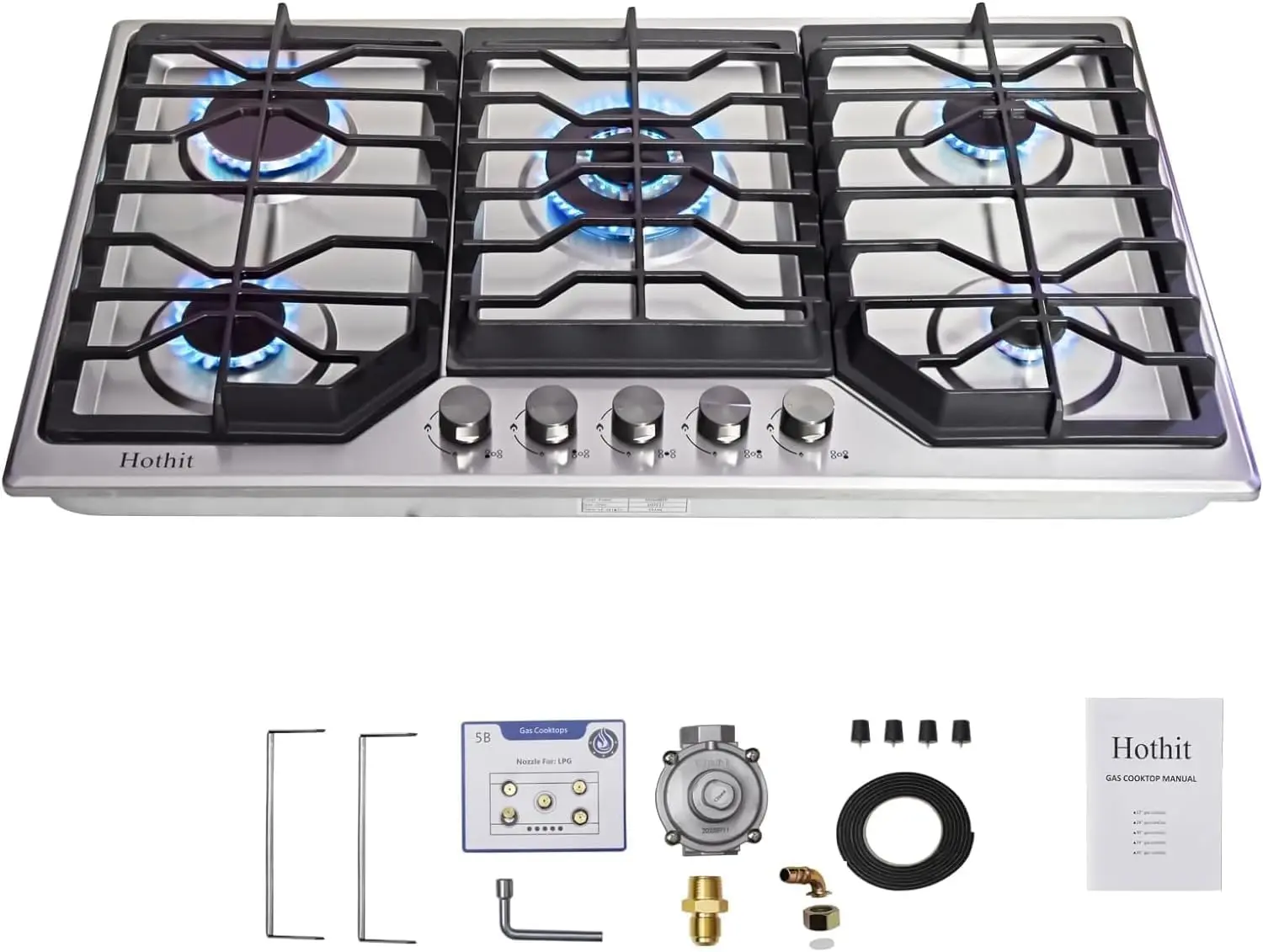 5 Burners 34 inch  Cooktop, 36000  Stainless Steel  Range Top,  Cooker Stove Propane  /Natural  Convertible