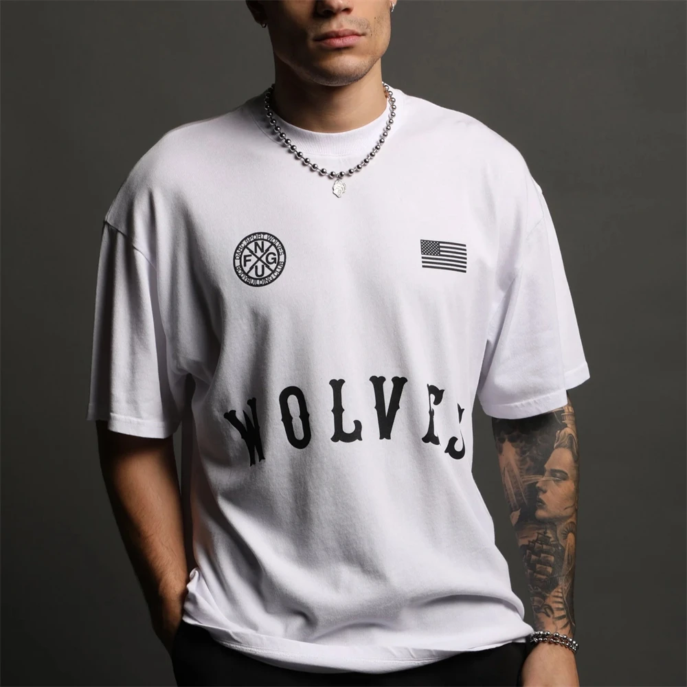 WOLVES Simple Style Print 100% Cotton Men Hip Hop US SIZE S-XL T-shirt Casual Summer 230G Cotton Fitness GYM Running Tees Tops