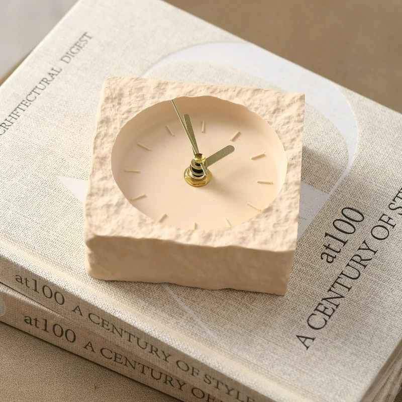 Wabi Sabi Travertine Silent Desk Clock Nordic Sandstone Table Timepiece Minimalist Modern Decor for Office Bedroom Beige
