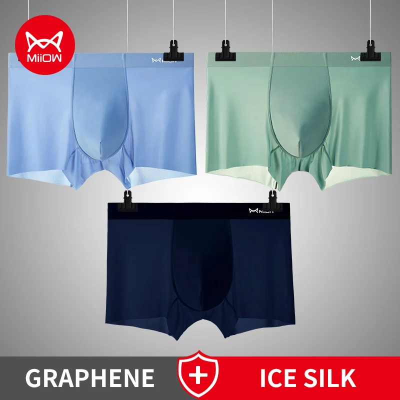MiiOW 3 stücke Eis Seide Nahtlose Schlüpfer der Männer Mulberry Seide Antibakterielle Boxer Shorts Mesh Ultra-dünne Sexy Verschnaufpause männer Unterwäsche