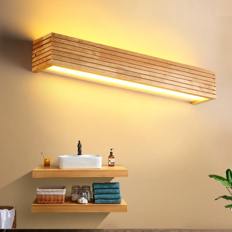 Nordic Solid Wood Rectangular LED Wall Light Creative Staircase Aisle Bedside Bedroom Lamp Bathroom Makeup Mirror Front Lighting