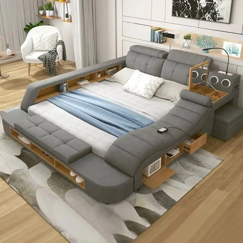 

Headrest Style Double Bed Simple Modern Loft Massage Double Bed Twin Smart Sleeping Letto Multifunzione Bedroom Furniture