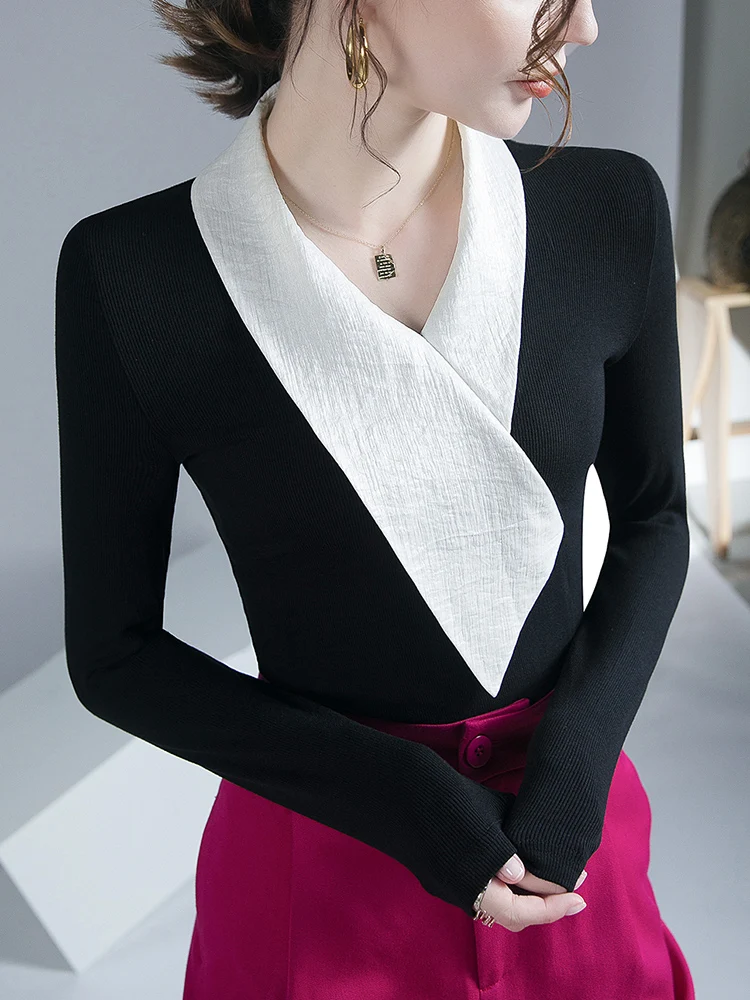 Elastic Thread T-shirt with Scarf Collar, Color Matching Top, Inner Bottoming Shirt, New Fashion, Autumn and Winter