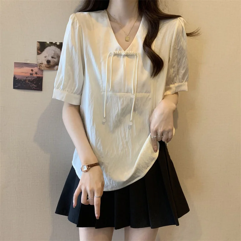 

plus Size 300 Pounds Women's Short Sleeve V-Neck Shirt Summer Slimming Anti-Aging Traditional Chinese Style Button-Up Base Top