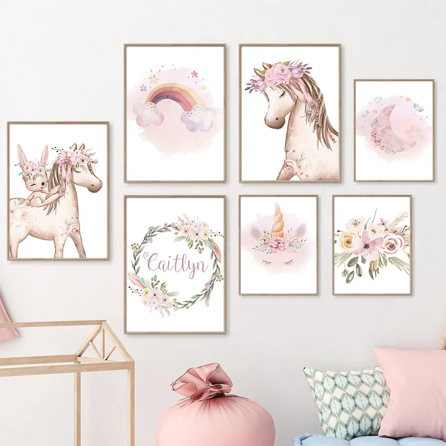 Różowy Jednorożec Królik Księżyc Tęcza Chmura Kwiat Wall Art Canvas Malarstwo Nursery Plakaty I Wydruki Obrazy Dziewczyna Dzieci Pokój Wystrój