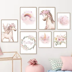 Pink Unicorn Rabbit Moon Rainbow Cloud Flower Wall Art Canvas Painting Nursery Posters And Prints Pictures Girl Kids Room Decor
