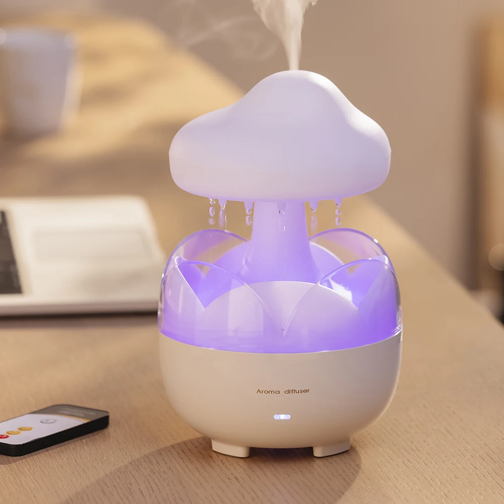 Humidifier with Raindrop Simulator, - Large Capacity, Silent Moisturizing, Remote Control, Aroma Function, Water Shortage Protec