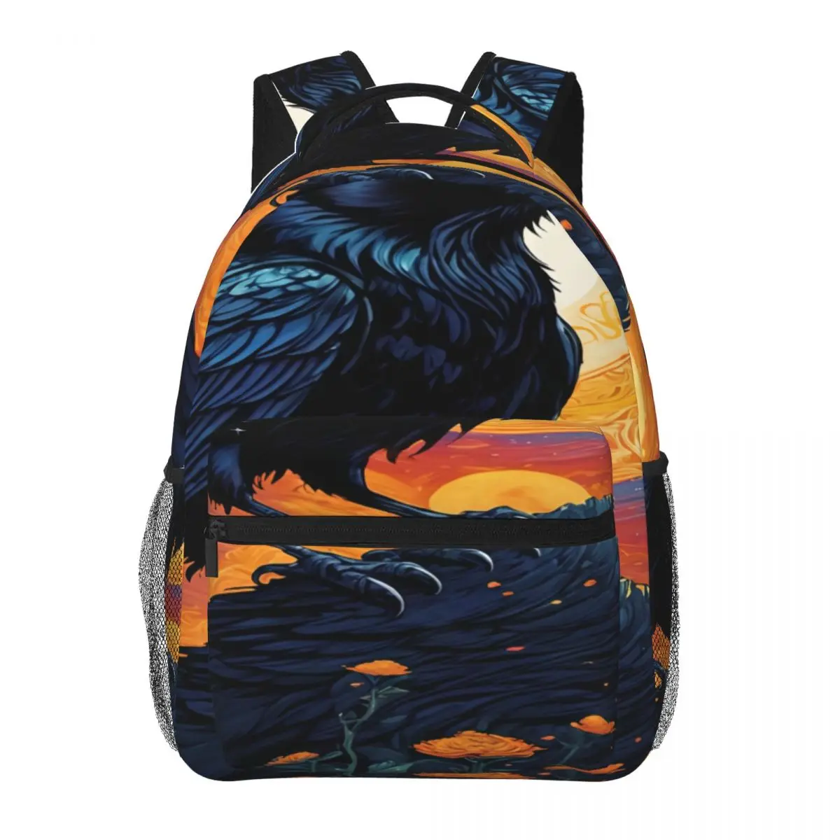 Gothic School Backpack Center Crow Moon Planets Flowers Cosmic Surreal Wildlife Black Orange Bl Streetwear Bookbag for Teens Men