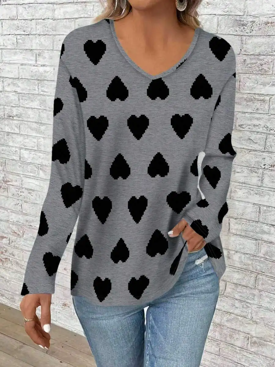 

Casual Heart Print Loose V-Neck Long Sleeve T-Shirt For Women Gray Spring Autumn