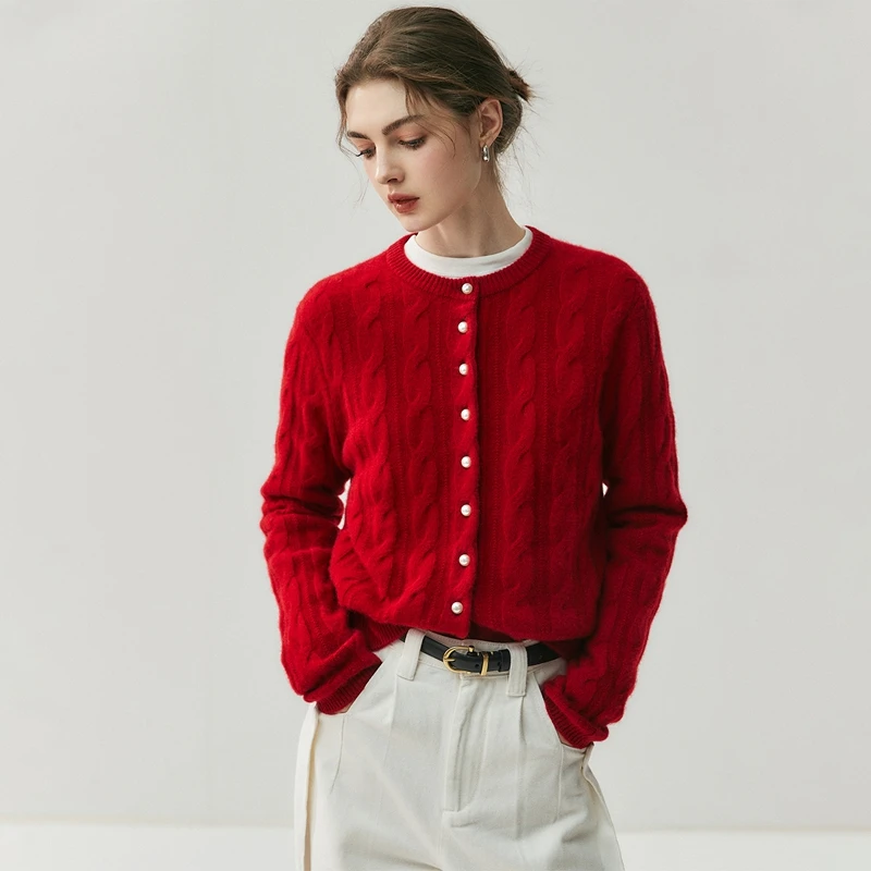 Damski sweter kardigan ze 100% kaszmiru, prosty dekolt okrągły, guziki z perłami, jesień-zima, miękki, ciepły, dzianina kaszmirowa, eleganckie bluzki do biura.