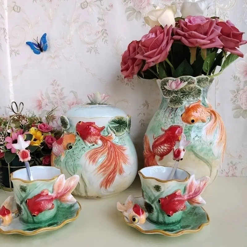 

Creative Three-dimensional Carp Ceramic Coffee Cup 11 Inch Round Fruit Plate Goldfish Sealed Storage Jar Coffee Cup Saucer Set