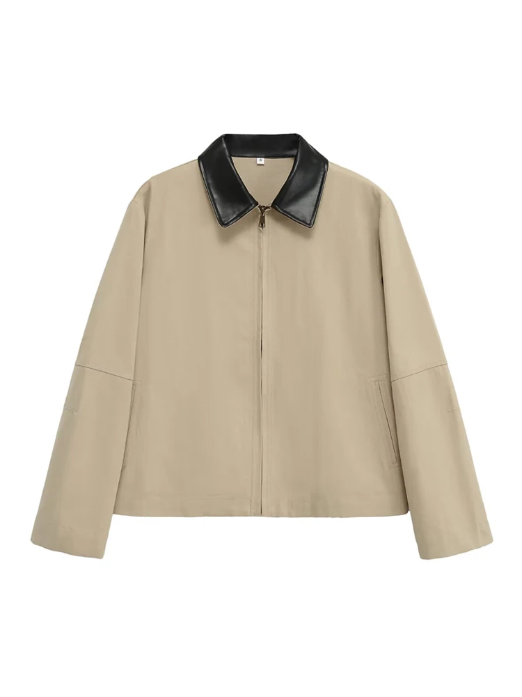 Women's Solid Color Loose Jacket Coat with Pockets Patch Faux Leather Collar Long Sleeve Chic Outerwear Female Tops