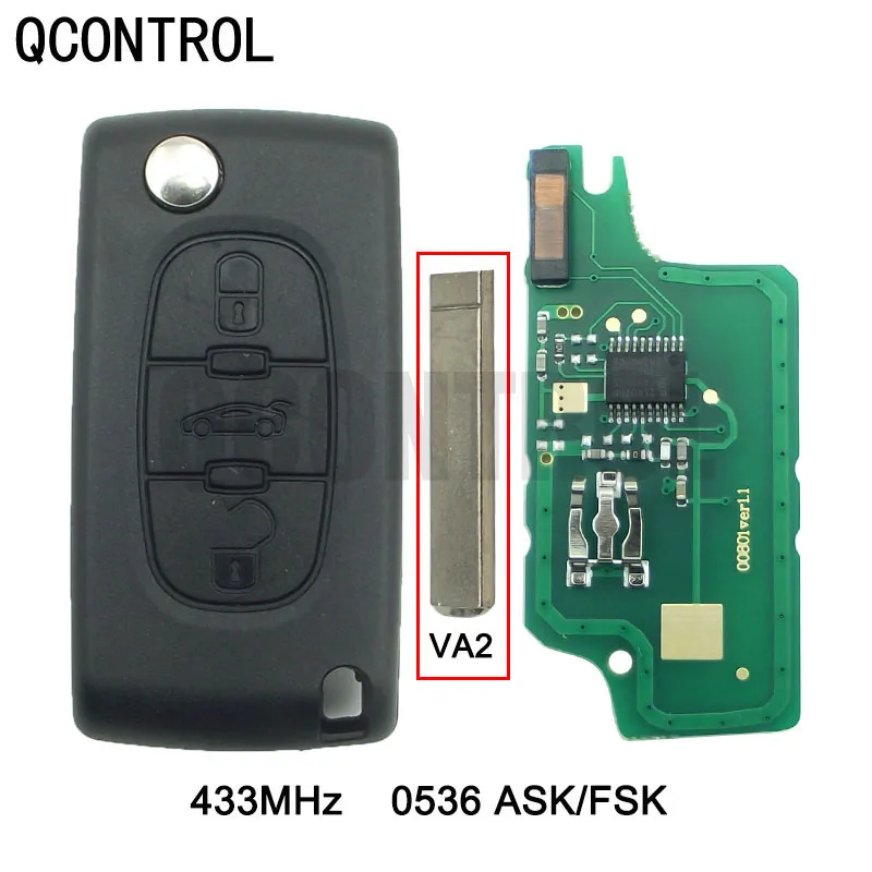 QCONTROL Chip ID46 portachiavi con telecomando per Auto a 3 pulsanti per PEUGEOT 207 208 307 308 408 Partner ID46 CE0536 ASK/FSK 433MHz lama VA2