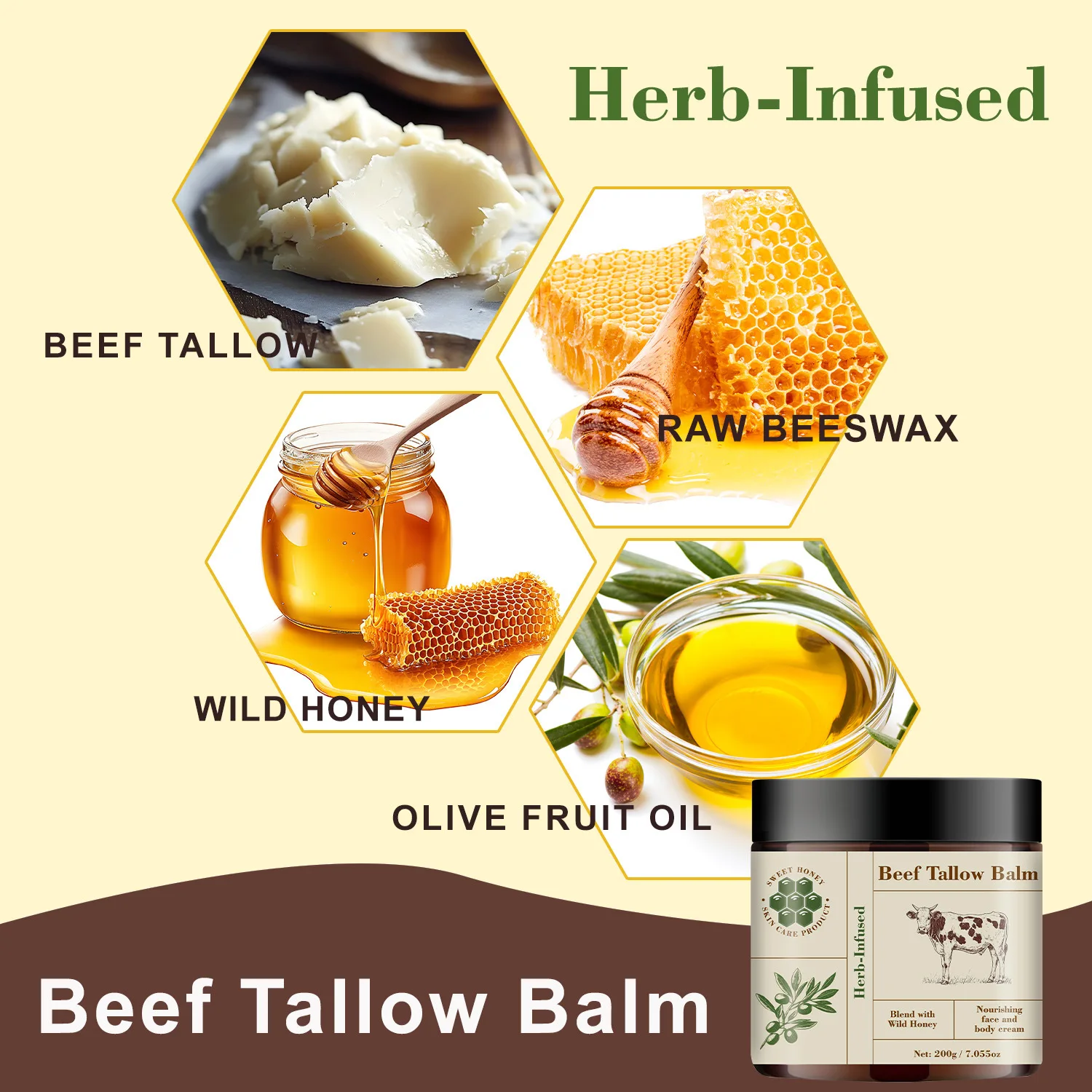Herb-Infused Beef Tallow Balm - Nourishing Face & Body Cream with Wild Honey, Raw Beeswax & Olive Oil - Deep Hydration.