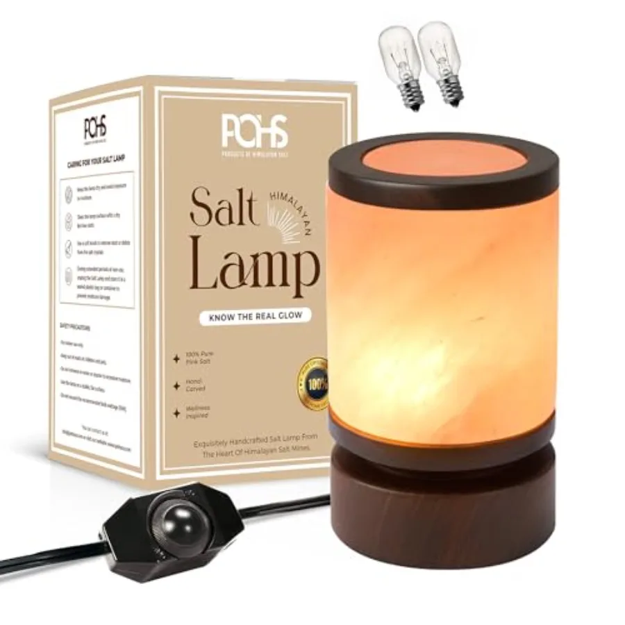 

Himalayan Pink Salt Round Lamp with Premium Brown Polished Wooden Base, 60'' Long Dimmer Switch Cord and Two Light Bulbs; Hand