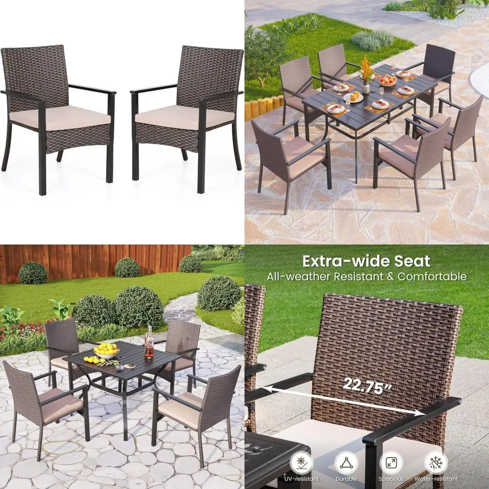 

Outdoor Wicker Chairs Set, 2 Rattan Metal Armchairs with Cushions, Durable Garden Furniture