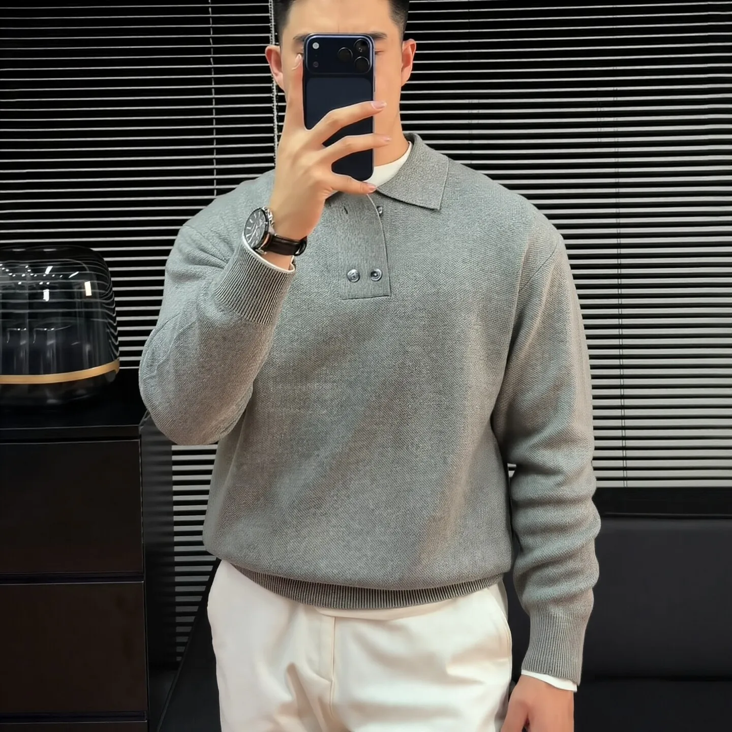 New fashion Joker Lapel POLO Shirt Men's Grey Cashmere Knitwear High Sense Leisure Long Sleeve