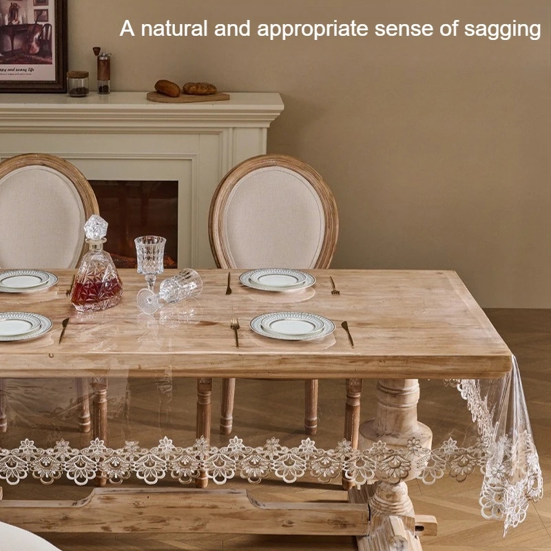 French Lace Embroidered PVC Tablecloth Waterproof and Oil Resistant Transparent Home Tablecloth Suitable for Long/round Tables