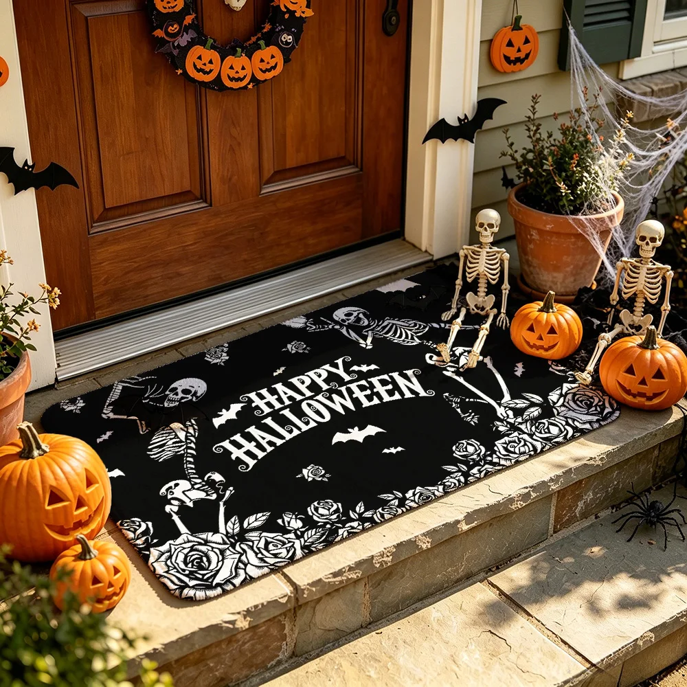 1PC Skeleton Rose Bat Halloween Slogan Entrance Door Mat Flannel Silicone Dot Non Slip Floor Rug Fashion Decor Bathroom Entry