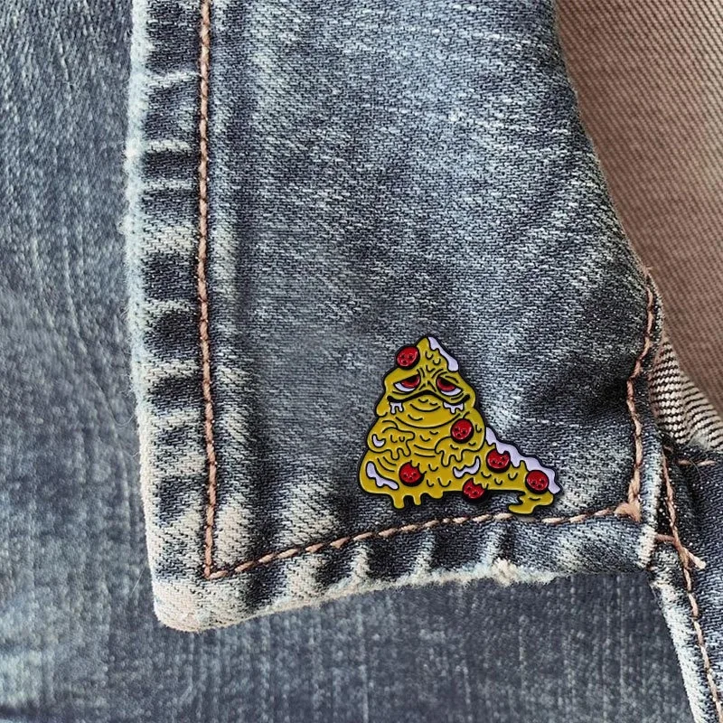 Cartoon Grumpy Pizza Slice Enamel Brooch Dripping Melted Cheese Pepperoni Food Design Metal Lapel Pin Bag Hat Funny Snack Badge