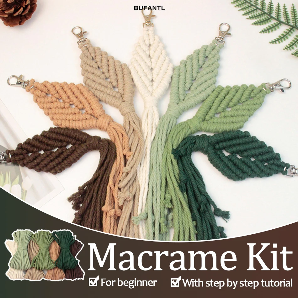 1 set Woven leaf macrame kit and beginner's tutorial, DIY Woven leaf key chain couple small gift bag decoration