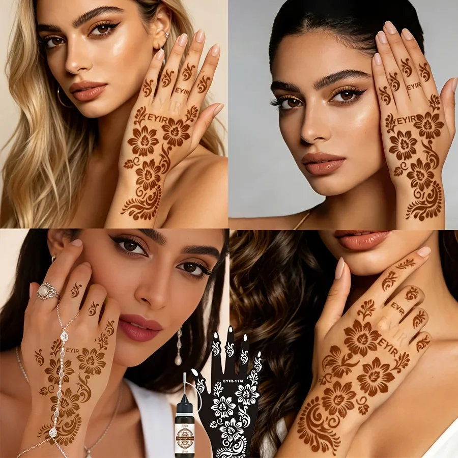 Henna Tattoo Set 3-teilig Temporäres Tattoo-Gel mit Wiederverwendbaren Blumenschablonen DIY Körperkunst Handmalerei Festival Party – Detail 8