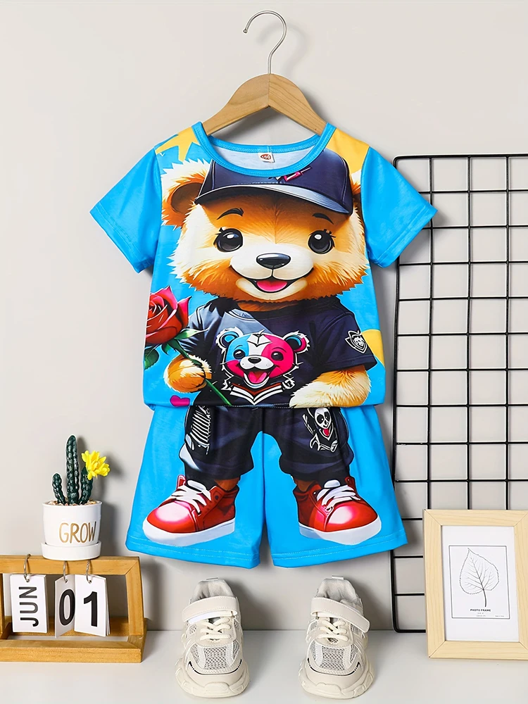 3D Cartoon Bear Print Men's T-shirt And Shorts Set Summer Street Fashion Men's Short-sleeved Everyday Casual Men's Beach Shorts