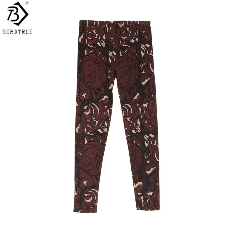 Birdtree 80% Real Silk 20% Wool Leggings, Women's Print 2026 Autumn Winter Warmth Long Johns, High Waist Soft Pants P69108JF