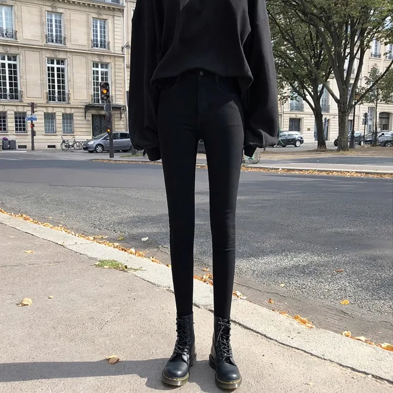 

High Waist Black Denim Jeans Women's Slim Fit Nine Point Pants Spring Autumn Style Casual Cotton Stretch Denim Wear Resistant