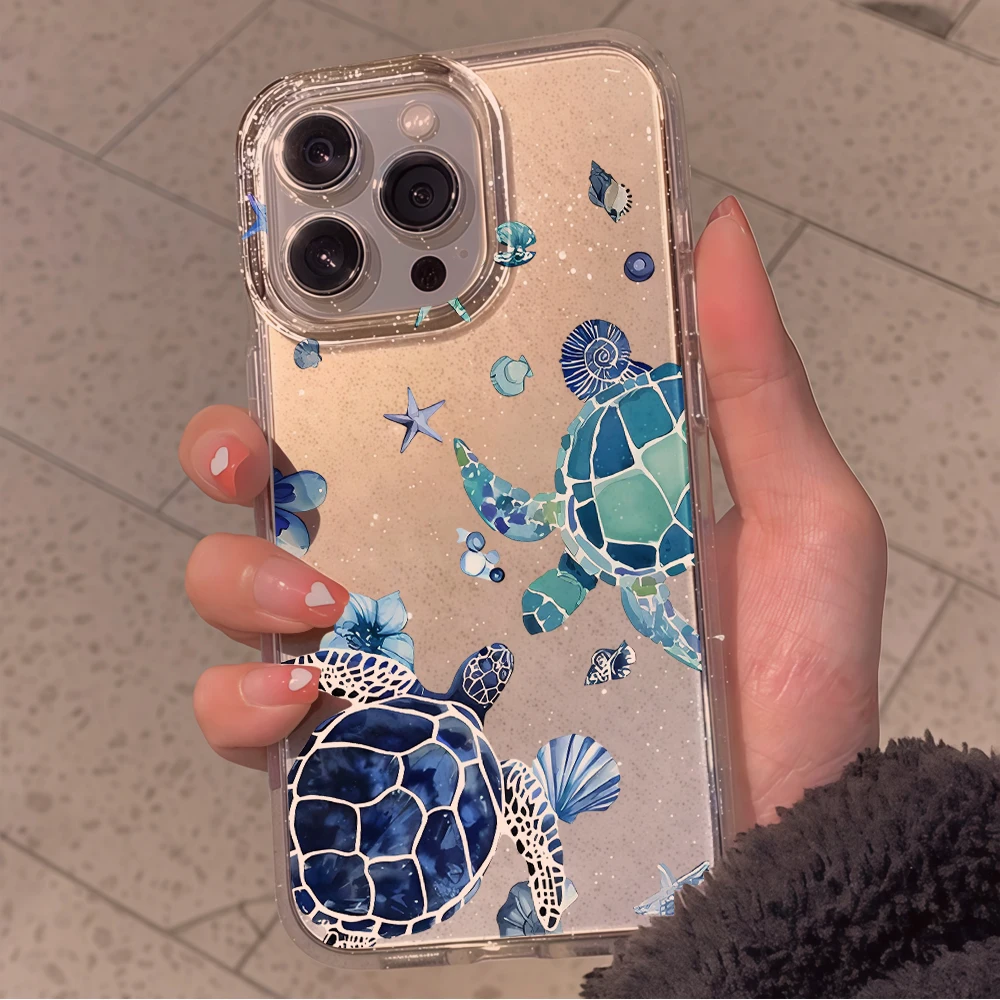 Summer Sea Turtles Clear Glitter Phone Case For iPhone 17 15 13 16 12 11 14 Pro Max 17 Air XR X 16e Cases Shockproof TPU Cover view 2