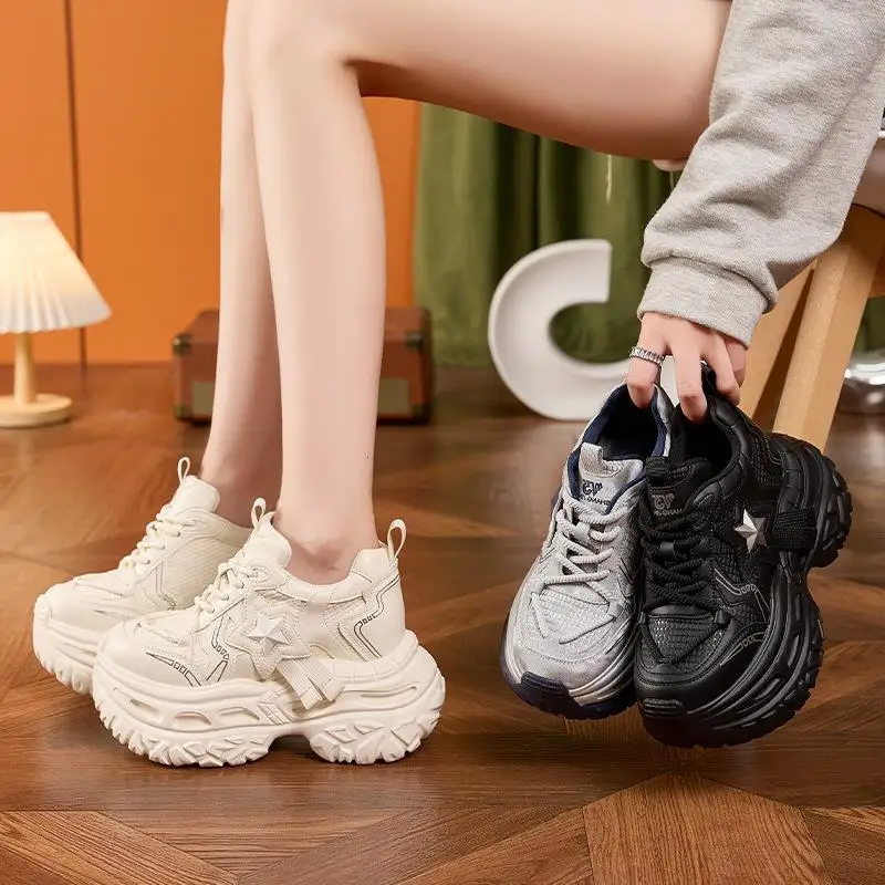 

Women's Thick Bottom Dad Shoes Genuine Leather Heightening Flatform Casual Fashion round Toe Spring Autumn Seasonal Wear