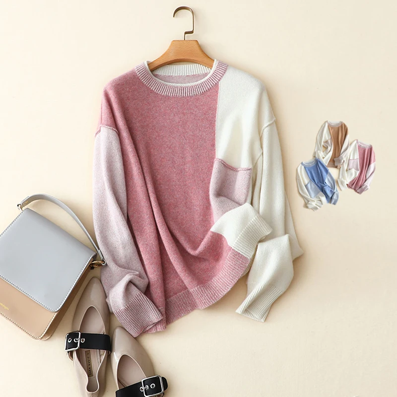 

masigoch korean fashion autumn winter new chic patchwork knitwear luxury 100% cashmere casual sweater crewneck