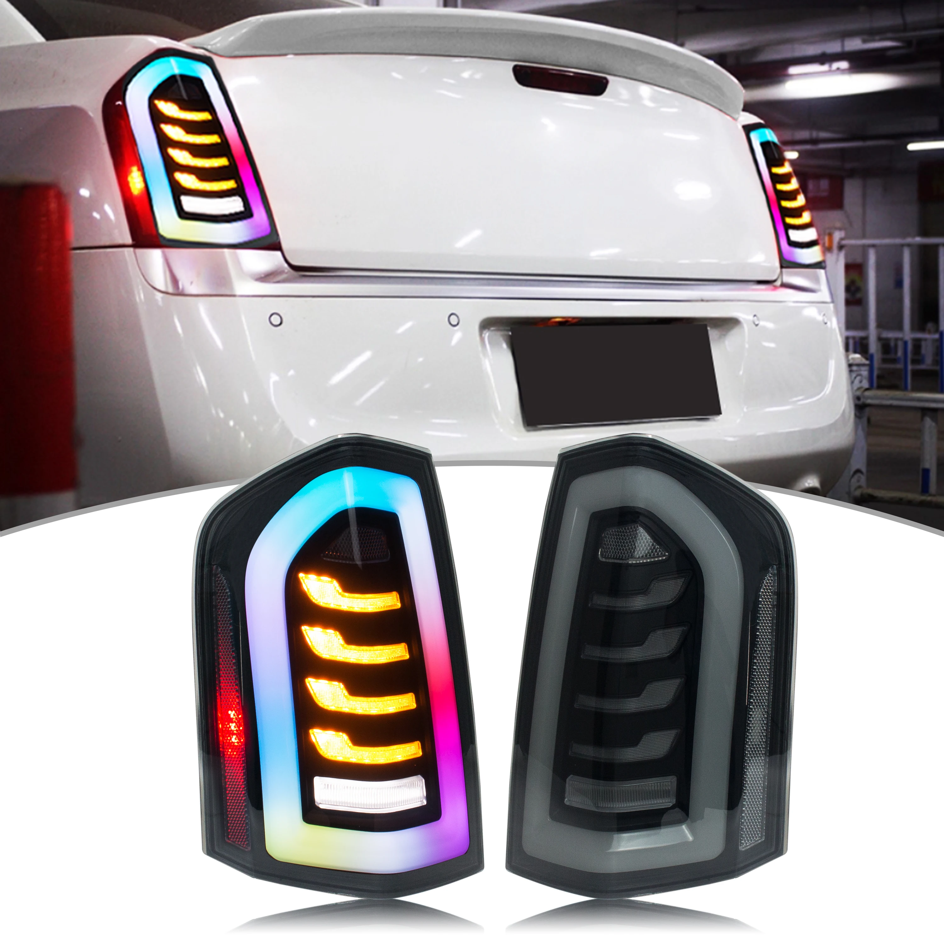 

LED RGB Tail Lights for Chrysler 300 300C 300S 2011-2014 Sequential Turn Signal Color Change Rear Lamps Assembly [Not Fit 2015+]