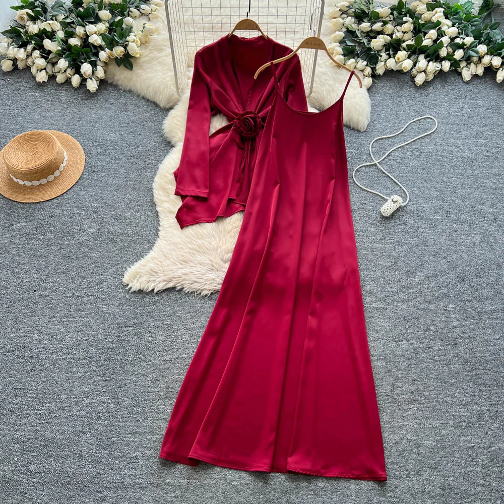 

Women Two Piece Sets Dress Set Full Sleeve Floral Tight Waist Tops Long Dresses Sling A Line Y2k Streetwear Elegant Work Autumn