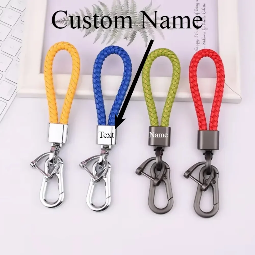 

Creative Idea Leather Weave Keychain Custom Logo Name Keyring Metal Color Alloy Car Moto Upscale Key Chain Ring Lovers Gift