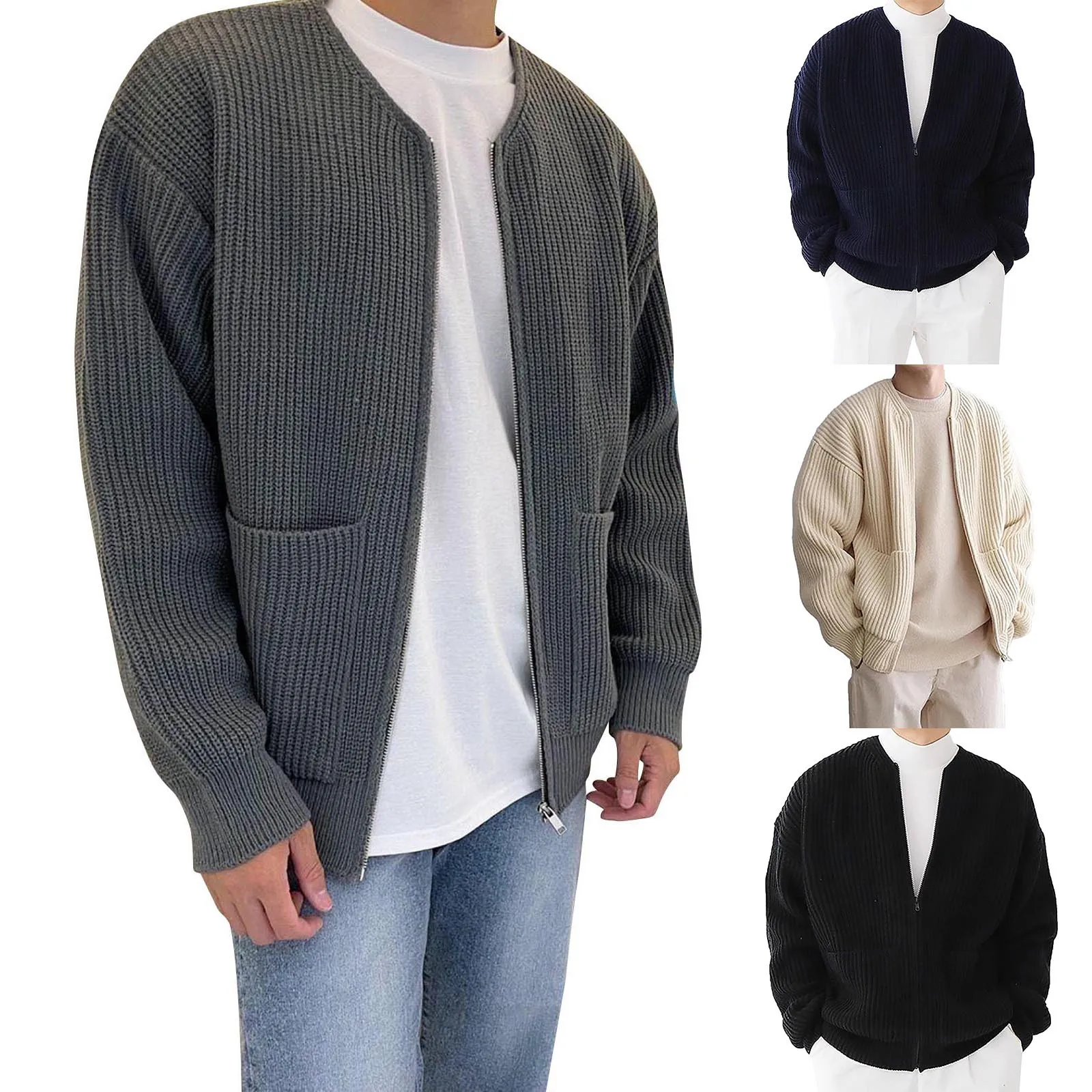 Pull en tricot à col rond pour hommes avec poches, manteau solide, fermeture éclair, long, rétro, randonnée, coupe-vent, mode masculine, automne