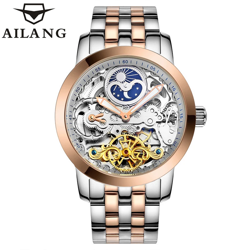 AILANG New Mens Watch Automatic Mechanical Tourbillon Slef-Wind Watches Luxury Stainless Steel Waterproof Luminous Wrist Watch