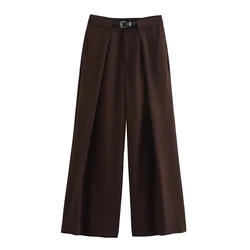 SIYANG Women Fashion Chic Chocolate Pleated Trousers With Belt Female Zip-fly High Waist Pants Elegant Wear