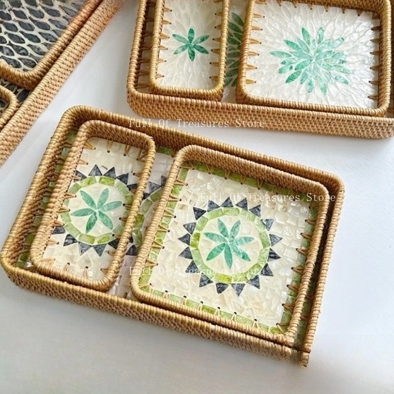 Handmade rattan shells Color storage Household living room Light luxury picnic dim sum Dried fruit Teacup Restaurant tray