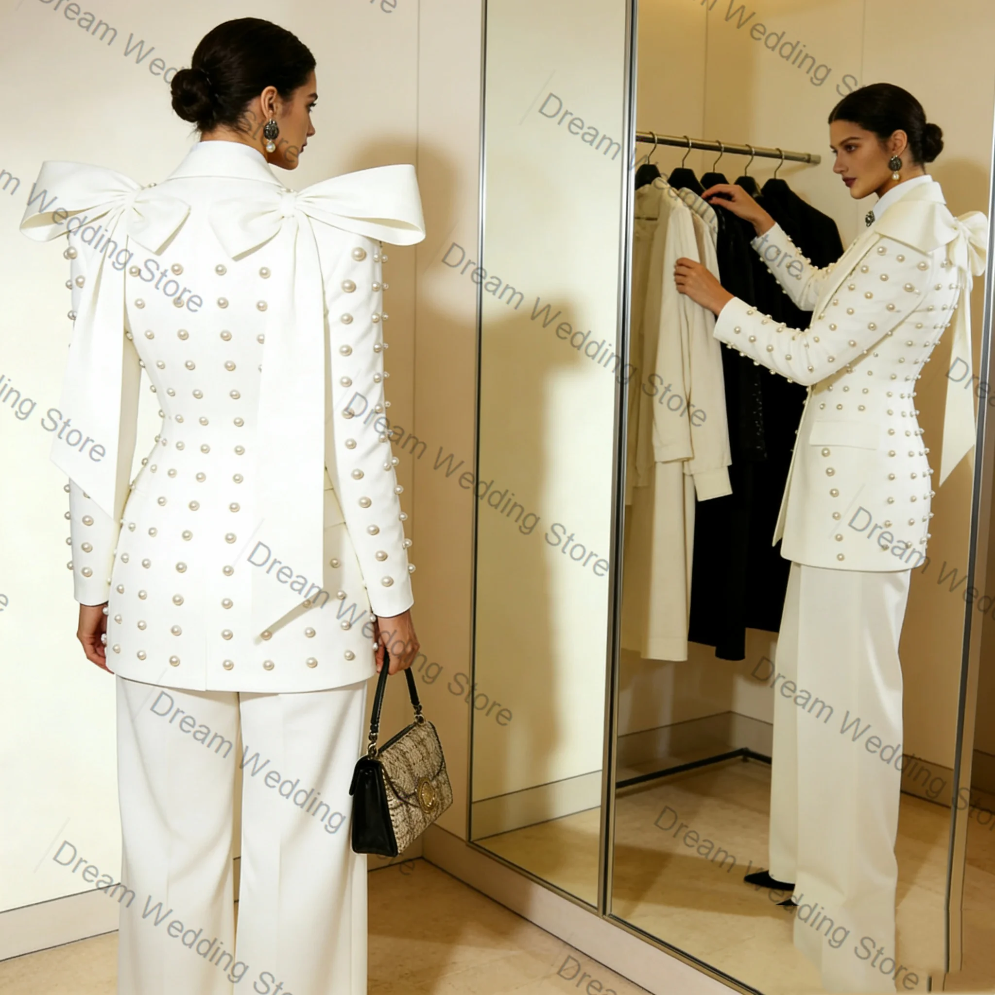 

Spring Pearls White Women Suit Set 2 Pcs Blazer+Pants Trousers Cotton Formal Office Lady Jacket Customized Wedding Guest Coat