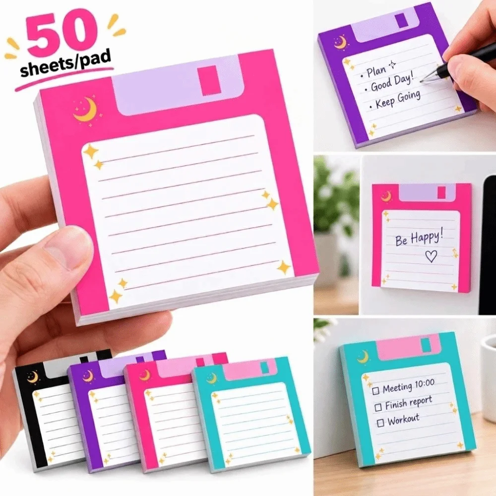 4pcs Set 50 Sheets Per Pad Floppy Disk Sticky Notes Lined Adhesive Paper Notebook Planner Sticker Decorative Celestial Moon