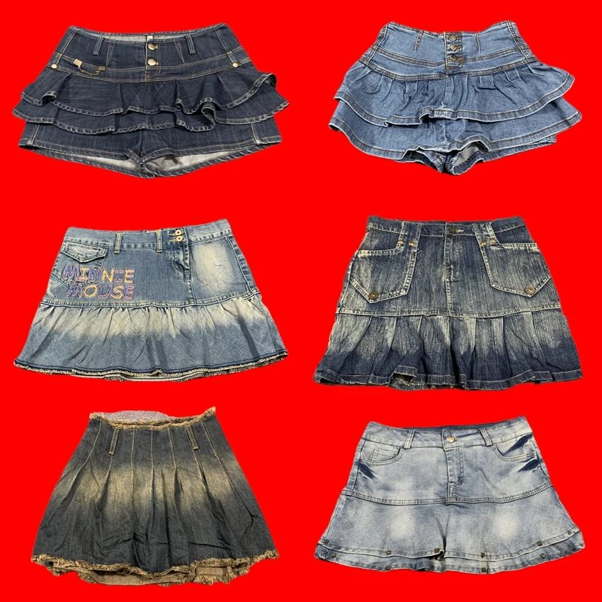 

Millennium Vintage f Skirt Denim Pleated Abi Spicy Girl Y2K Cowboy Low Waist Cotton Handmade Ripped Asymmetrical