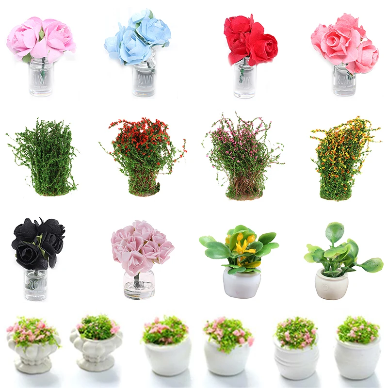 

22Types Mini Cute Pink Rose Flower,Vase Simulation Potted Plants 1:12 Dollhouse Miniature Doll House Furniture Home Decoration